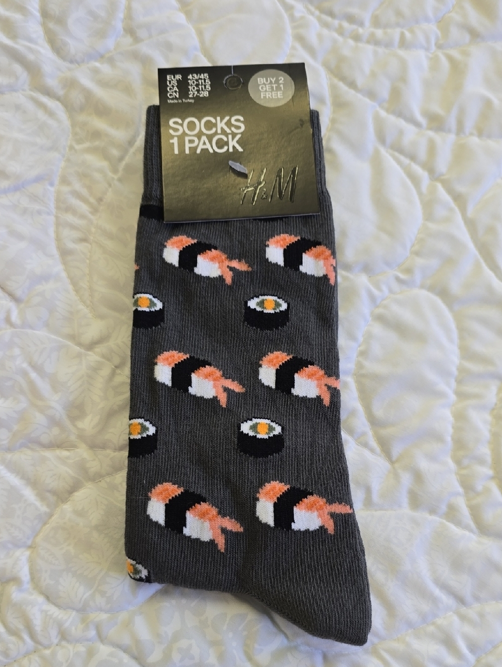 H&M Men's Dark Gray Sushi Motif Crew Socks with Coral Accents